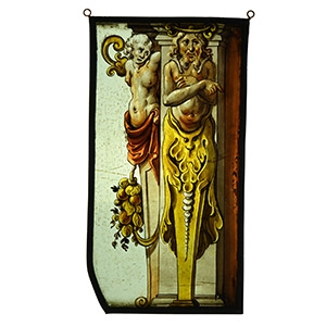 Stained Glass Panel with Two Grotesque Caryatid Herms