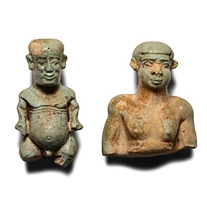 Egyptian Blue Faience Pataikos Amulet Pair