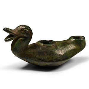 Late Roman Bronze Oil Lamp with Duck Head Handle