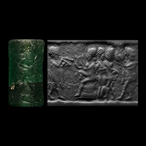 Western Asiatic Green Glass Cylinder Seal with Entertainment Scene