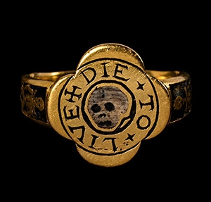 Enamelled Gold Memento Mori Ring with Skull and Skeletons