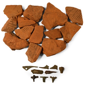 Roman Terracotta Roof Tile and Bronze Brooch Fragment Group