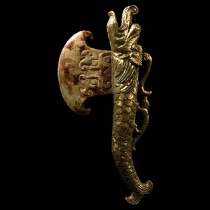 Chinese Serpentine and Gilt Bronze Ceremonial Axe