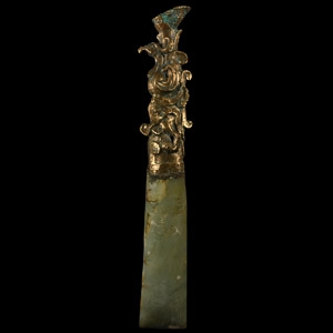 Chinese Serpentine and Gilt Bronze Ceremonial Adze
