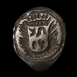 Jewish Tinned Bronze Armorial Ring with Crowned Shield