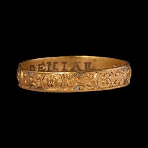 Tudor Period Gold DENIAL IS DEATH Decorated Posy Ring