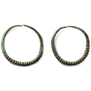 Western Asiatic Bronze Ribbed Earring Pair