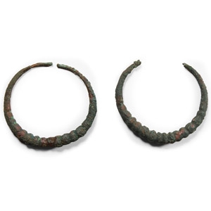 Large Western Asiatic Ribbed Bronze Earring Pair