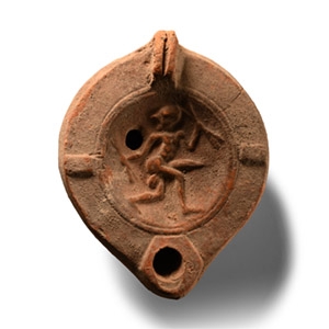 Roman Terracotta Oil Lamp with Ithyphallic Entertainer