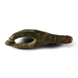Roman Bronze Key Handle in the Shape of a Hand Holding Fruit