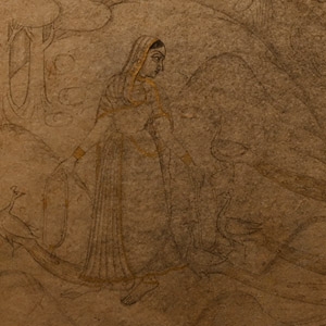Mughal Drawing of a Princess with Peacocks