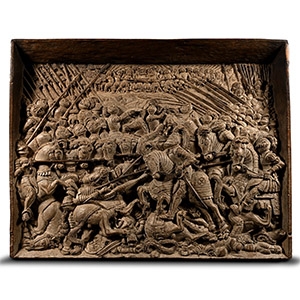Post Medieval Walnut Relief Panel Depicting The Victory of Maximilian I and Henry VIII Over the French at The Battle of The Spurs