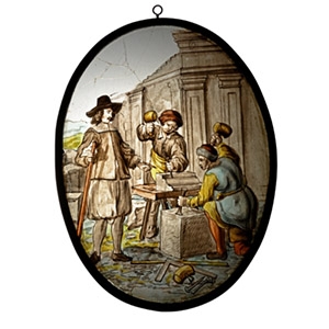Stained Glass Panel of an Architect Inspecting the Work of Masons