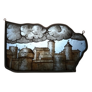 Stained Glass Panel of a City Landscape