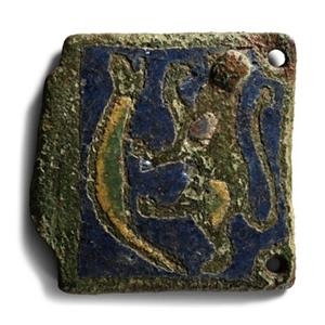 Medieval Knights Bronze Limoges Buckle Plate with Rampant Lion Fighting a Human-Headed Snake