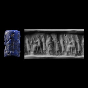Miniature Old Babylonian Lapis Lazuli Cylinder Seal with Seated Gods