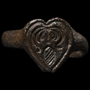Post Medieval Bronze Heart-Shaped Ring with Pinecone