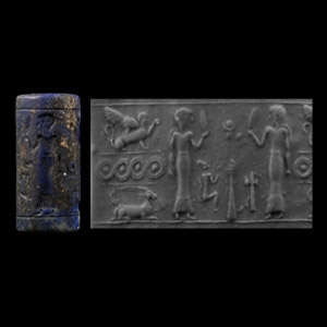 Mesopotamian Lapis Lazuli Cylinder Seal with Worship Scene