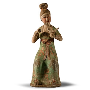 Chinese Tang Terracotta Seated Court Lady Figure with Bird