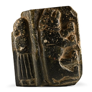 Mesopotamian Black Stone Seal with Lion and Male Figure