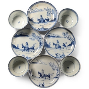 Ca Mau Cargo Shipwreck Glazed Blue and White Tea Bowl and Dish Set of Four