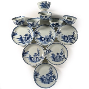 Nanking Cargo Shipwreck Glazed Blue and White Tea Bowl and Dish Set of Six