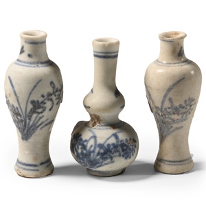 Ca Mau Cargo Shipwreck Glazed Blue and White Miniature Vessel Group