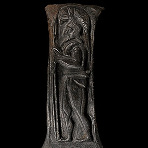 Etruscan Bucchero Ware Pottery Handle Depicting a Warrior