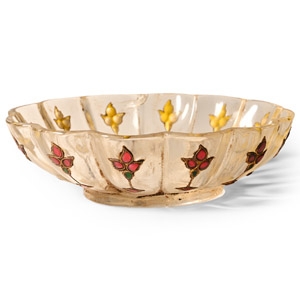 Boxed Flower Glass Bowl with Rubies and Other Cabochons