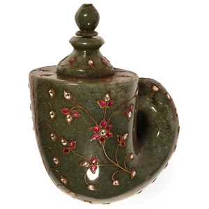 Boxed Jadeite Vessel with Rubies and Other Cabochons