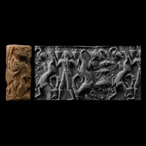 Large Sumerian Alabaster Cylinder Seal with Hero Holding Ibexes