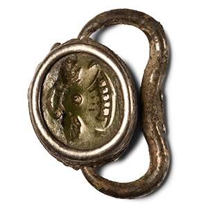 Phoenician Silver Seal with Green Scaraboid Seal