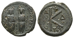 Justin II and Sophia AE 20 Nummi or Half Follis.