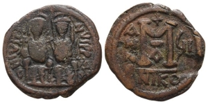 Justin II, with Sophia AE 40 Nummi or Follis.