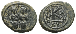Justin II, with Sophia AE 20 Nummi or Half Follis.
