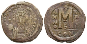 Justinian I AE 40 Nummi or Follis.