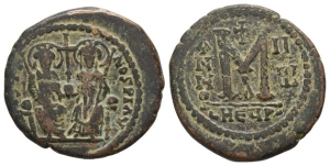Justin II, with Sophia AE 40 Nummi or Follis.