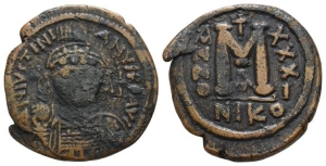 Justinian I AE 40 Nummi or Follis.