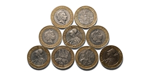 Group of Nine [9] Elizabeth II Two Pounds Coins.