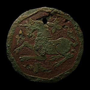 Medieval Knights Heraldic Red Enamelled Bronze Roundel with Silver Unicorn