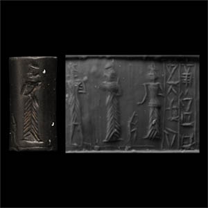Akkadian Black Stone Cylinder Seal with Presentation Scene