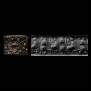 Jemdet Nasr Black Stone Cylinder Seal with Worshipping Figures