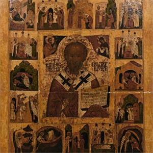 Monumental Wooden Russian Icon of Life of St. Nicolas