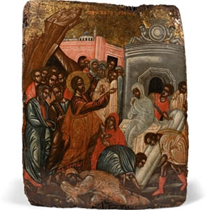 Cretan Wooden Icon of the Raising of Lazarus