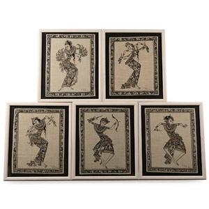 Set of Five Framed Indonesian Temple Dancers Painted on Linen