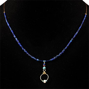 Roman Blue Glass Bead Necklace with Gold and Bead Pendant