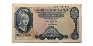 England. Windsor. Elizabeth II Five Pounds Banknote.