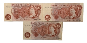 Group of Three [3] England, Elizabeth II 10 Shillings Banknotes.