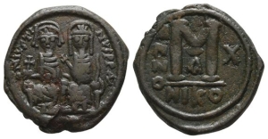 Justin II, with Sophia AE 40 Nummi or Follis.
