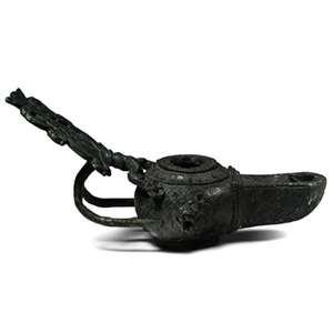 Elaborate Roman Bronze Oil Lamp with Lion Mask